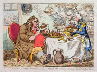 John Bull Taking a Luncheon, or British Cooks, cramming Old Grumble-Gizzard with Bonne-Chere, published by Hannah Humphrey
